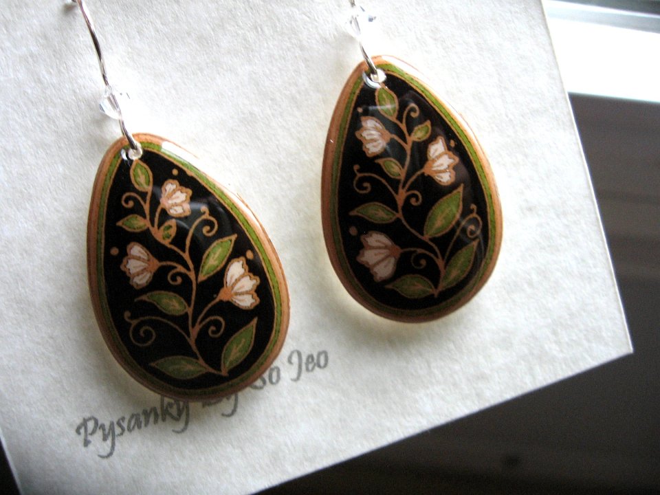 Green Spring Vines Diamond Teardrop Earrings Pysanky Jewelry by So Jeo